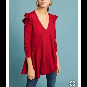 Anthropologie Ruffled V Neck Pullover